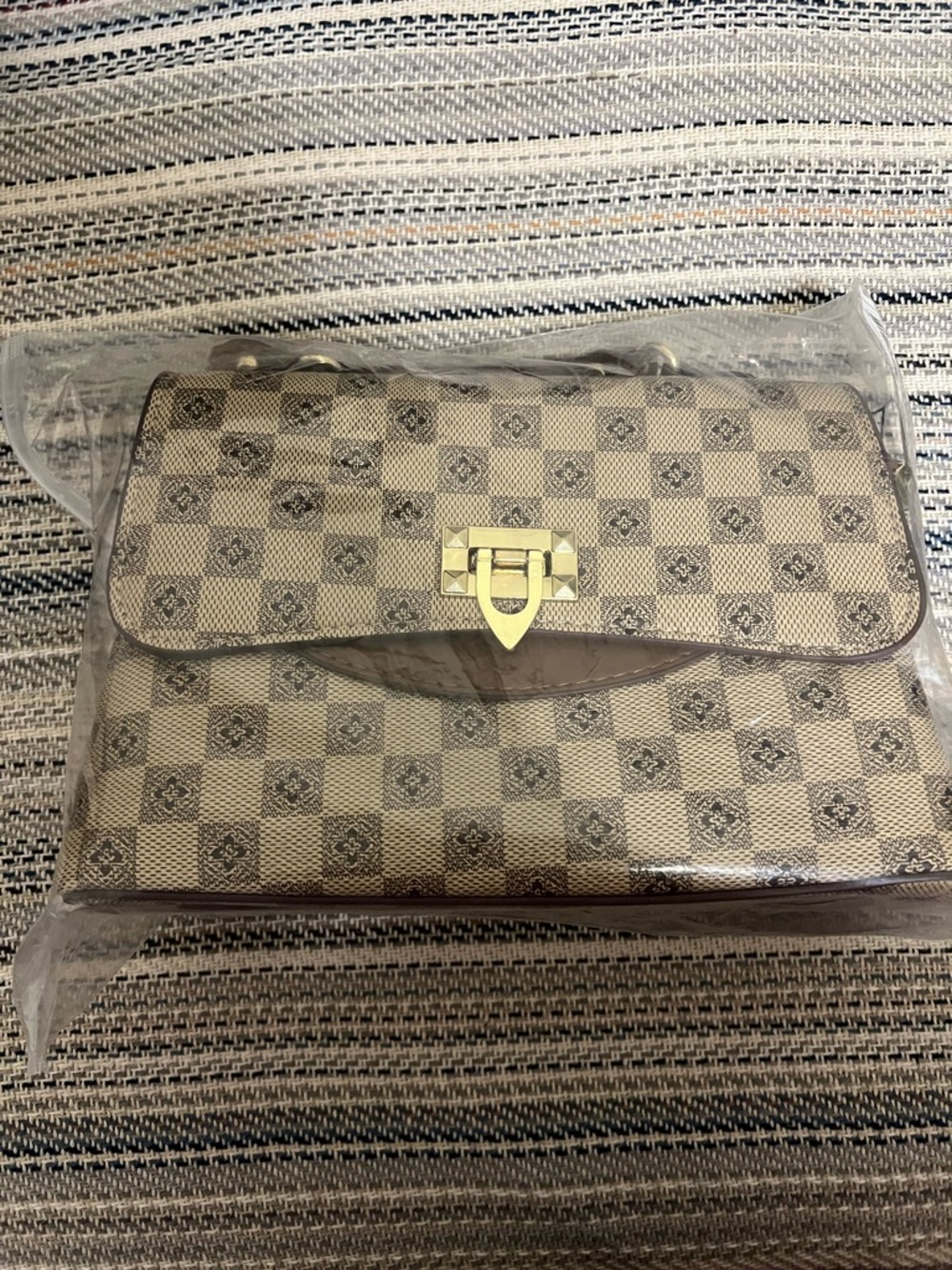 Beige and Brown Check Messenger Bag with Gold-Tone Clasp